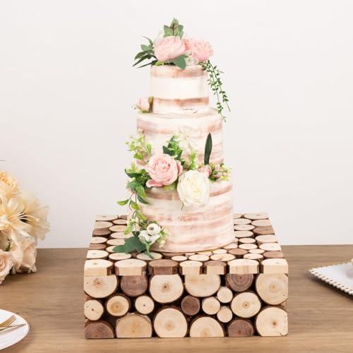 Efavormart 14x14 inch Natural Wooden Slices Square Dessert Stand, Compact Rustic Farmhouse Pedestal Riser with Hollow Bottom for Intimate Celebrations - size: 14"