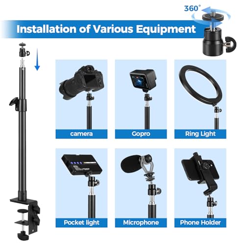 Camera Desk Mount Stand with 1/4" Ball Head and Phone Holder Clip, Desktop Light Stand, 14"-23.6" Adjustable Light Stand, for DSLR Camera,Ring Light,Webcam,Phone
