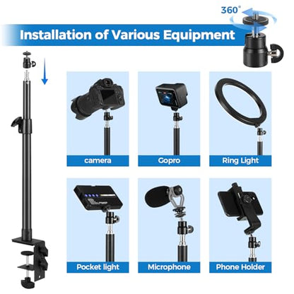 Camera Desk Mount Stand with 1/4" Ball Head and Phone Holder Clip, Desktop Light Stand, 14"-23.6" Adjustable Light Stand, for DSLR Camera,Ring Light,Webcam,Phone