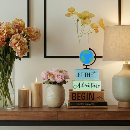 GlikCeil 4 Pcs Adventure Awaits Tiered Tray Decor Earth Day Adventure Wood Table Decoration Travel Party Centerpieces for World Bon Voyage Travel Around The World Party Home Office Desk Shelf Decors - style: Earth