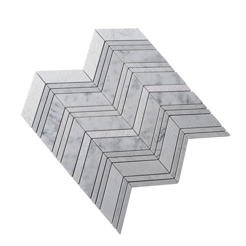 White and Gray Textured Chevron Bianco Carrara Marble Mosaic Tile (6.09 Sq ft- Box of 5 Sheets) - color: White and Gray, size: 13 x 13.5 in (Pack of 5)