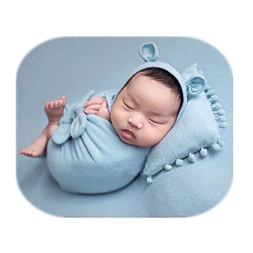 Newborn Baby Boy Girl Photography Props Bow Wrap, Posing Aid, Hat and Blanket Set of 4 Pcs - color: Light Blue