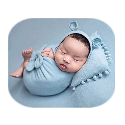 Newborn Baby Boy Girl Photography Props Bow Wrap, Posing Aid, Hat and Blanket Set of 4 Pcs - color: Light Blue