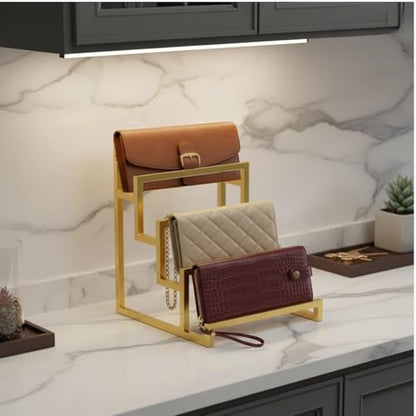 4-Tier Wallet Display Stand 2 Pack Gold , Metal Purse Organizer for Closet Countertop, Handbag Holder Rack Riser Shelf for Wallets Clutch Bags Retail Boutique Store Display - size: 4 - Layer