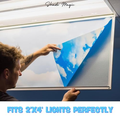 ShadeMAGIC - 4 Pack of Fluorescent Light Covers - 2x4 Film Insert for Ceiling Light Diffuser Panels - Sky Clouds - for Classrooms and Offices - Decorative Lighting (4)