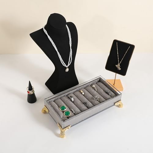 velvet slots Ring holder for jewelry organizer, Grey earring ring display stand for selling, felt ring jewelry holder tray showcase【Velvet slots Ring Holder-Grey】 - color: Grey