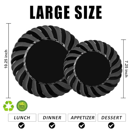 U-QE 60 Pcs Black Plastic Plates for Party – Black Plastic Disposable Heavy Duty – Include 30 10.25" Dinner & 30 7.25" Dessert Plate - Perfect for Parties, Weddings - color: Black