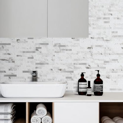DICOFUN 2 Sheets White Marble Peel and Stick Backsplash Tile, Faux Stone PVC Mixed Metal Stick on Backsplash Kitchen Wall Tiles - color: White Marble + Metal Silver, size: 2 Sheets, 6’’x12’x0.12’’
