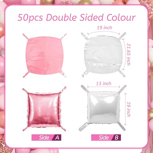 50PCS Pearl Pink and White Square Foil Balloon Wall, 19'' Reusable DIY Mylar Double Side Balloons Garland Tunnel Arch Kit for Anniversary Baby Shower Bachelorette Birthday Engagement Bridal Decor - color: Pink & White