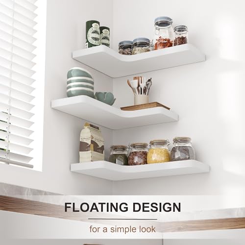 fuqing Corner Floating Shelves, Wall Shelf Set of 3, Shelves for Wall Storage, Solid Wood Shelves for Storage, Wall Mount Wooden Display Shelf for Bathroom Bedroom Kitchen Garage, White - color: Invisible Bracket, White