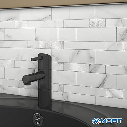 MOFIT Backsplash Tile for Kitchen Peel and Stick Stone Matte Finish,Bathroom Tiles Stickers 3D Wall Panel Linear Mosaic Marble Backsplash Waterproof(10sheets,White Silver) - color: White Silver, size: 10sheets