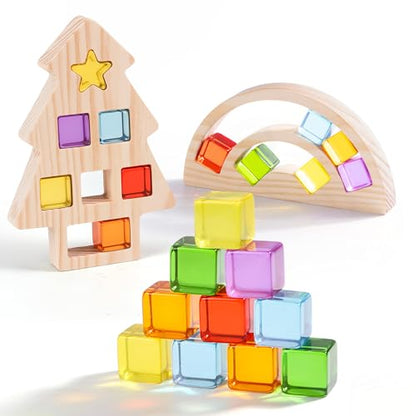 Woodtoe Wooden Building Blocks Set for Kids, Rainbow & Christmas Tree Wood Frame - 24 PCS Acrylic Gem Cubes Stacking Blocks, Montessori Stacking Toys, Educational Christmas Game for Toddlers 3-6 - style: Rainbow and Tree Frame Blocks Set