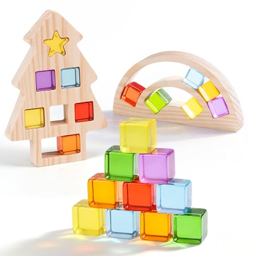 Woodtoe Wooden Building Blocks Set for Kids, Rainbow & Christmas Tree Wood Frame - 24 PCS Acrylic Gem Cubes Stacking Blocks, Montessori Stacking Toys, Educational Christmas Game for Toddlers 3-6 - style: Rainbow and Tree Frame Blocks Set