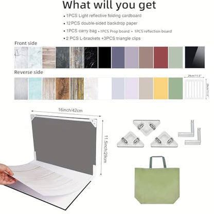 14Pcs 24Patterns Photo Backdrop Board, Small Product Photography Table Top Shooting with Light and Shadow/Acrylic Reflective Display Boards for Food Makeup Jewelry(16.5x11.5in)