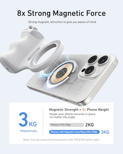 TELESIN Fun Shot Magnetic Phone Camera Grip + 4 in 1 Magnetic RGB Selfie Light Bundle Kit Compatible with iPhone Magsafe & Android, Creator Kit for Selfies/Photography/TikTok/Zoom Calls/Video - color: White Grip + RGB Light