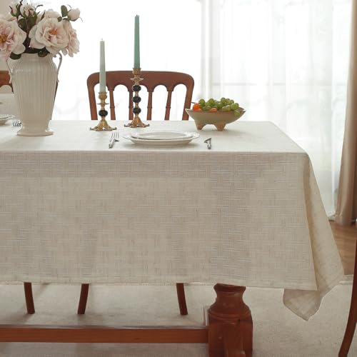 Natural Linen Cottton Tablecloth ,Rectangle Rustic Elegant Tablecloth, Textured Jacquard Neutral Fabric, Washable Table Cover for for Dining Table Farmhouse Kitchen Party (Grid-Weave, 120" x 60") - color: Rustic Grid-weave, size: 120" x 60" (Rectangular)