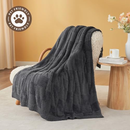 Snuggle Sac Faux Fur Checkered Blanket Twin Size with Soft Knitted Microfiber Fabric,Cozy Soft Warm Blanket for Sofa Bedroom Living Room,Solid Dark Grey,60x80 inches - color: Solid Dark Grey, size: Twin(60"x80")
