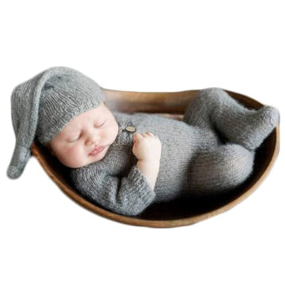 Newborn Photography Prop Baby Boys Girls Photoshoot Outfits Newborn Photo Knitted Romper Sleepy Hat Picture Outfit - color: Gray