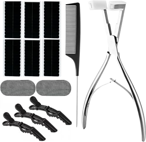 Hair Extensions Tools Kit, Professional Tape in Hair Sealing Pliers Flat Surface Hair Extension Plier Tools with Double Sided Replacement Adhesive Tape Tabs -Silvery