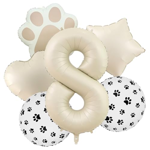 8th Birthday Dog Paw Balloons Set,18'' Paw Prints, Heart,Star,Paw Shaped Foil Balloon 40 Inch Cream Number 8 Helium balloons for Puppy Themed Third Anniversary Birthday Party Decorations Supplies 6PCS - color: Cream-8