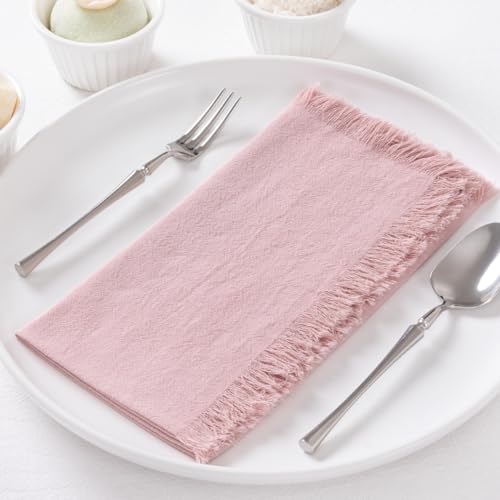 DeZerlor 6 Pack Pink Cotton Linen Napkins with Fringe Summer Cloth Napkins Set of 6 Boho Handmade Dinner Napkins Bulk for Wedding Bridal Baby Shower Parties, 17 x 17 Inches - color: Dusty Pink, size: 17" x 17" (Set of 6)