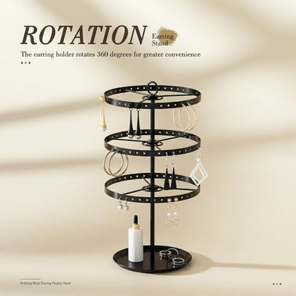 3 Tiers Metal Rotating Earring Holder Organizer Stand Adjustable Display Tree, 126 Holes Large Carousel Rack for Stud Hoop Pierced Dangling Women Girls, Perfect View for All Earrings (Black) - color: Black