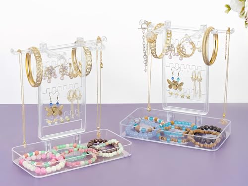 NiHome Acrylic Jewelry Display Stand with Tray – Clear Bracelet & Earring, Necklace Organizer, Space-Saving Jewelry Storage for Vanity & Bedroom - color: 2 PACK