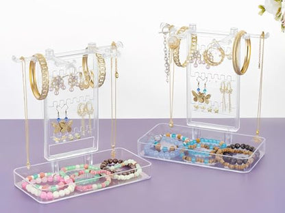 NiHome Acrylic Jewelry Display Stand with Tray – Clear Bracelet & Earring, Necklace Organizer, Space-Saving Jewelry Storage for Vanity & Bedroom - color: 2 PACK
