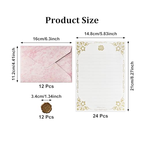 48 Pcs Stationery Set with Envelopes (24 White Kraft Paper Sheets +12 Marble Texture Envelopes+12+Wax Seal Stickers), Premium Stationery Letter Writing Paper Set for Party Invitations (Pink) - color: Pink