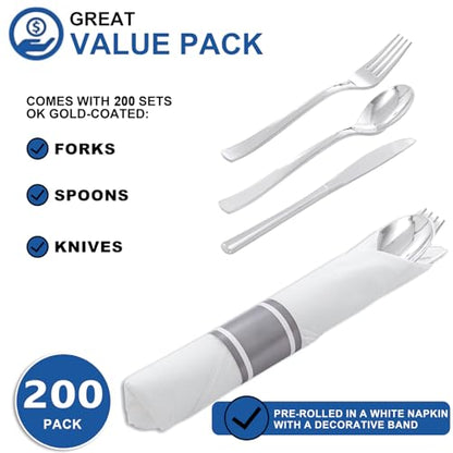 200Guests Pre Rolled Silver Plastic Silverware Sets - Heavy Duty Silver Cutlery - Include 200 Pack Wrapped Disposable Utensils with Napkins for Parties & Dinners & Weddings - color: 200Pack - Silver