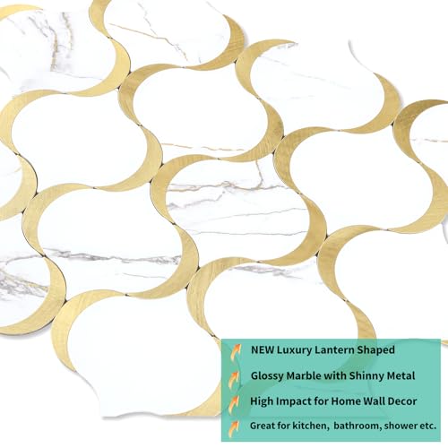 10 Sheet Glossy Arabesque Peel and Stick Backsplash Tile, Stick on Backsplash for Kitchen and Bathroom Wall, Calacatta Gold Marble PVC Mixed Metal Aluminum - color: Calacatta Gold Marble Mixed Metal Gold