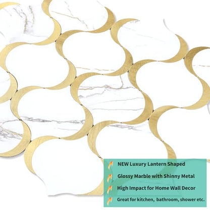 10 Sheet Glossy Arabesque Peel and Stick Backsplash Tile, Stick on Backsplash for Kitchen and Bathroom Wall, Calacatta Gold Marble PVC Mixed Metal Aluminum - color: Calacatta Gold Marble Mixed Metal Gold