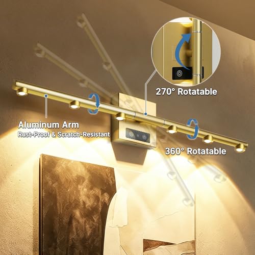 Picture Lights Rechargeable for Wall: Battery Operated Wall Sconces Wireless Art Lighting for Painting Canvas Gallery 360° Rotatable Detachable Battery Aluminum 48H (1, Gold with Lens) - color: Gold With Lens
