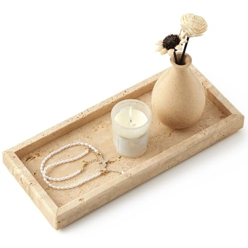 Real Natural Travertine Tray for Bathroom, Vanity, Kitchen and Desktop, Rectangle Genuine Marble Stone Tray for Jewelry, Cosmetics, Candles, Lotion, Perfume and Home Decor, 12"x5" Size - color: Travertine, size: 12" x 5" x 1.2"