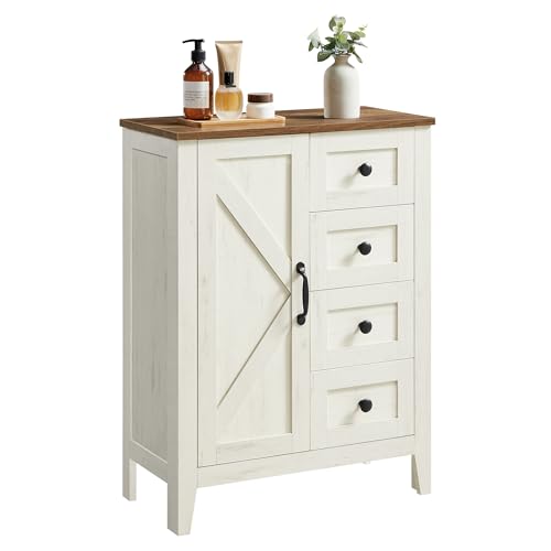 VASAGLE LIRY Collection - Storage Cabinet, Farmhouse Bathroom Floor Cabinet with 4 Drawers, Freestanding Storage Organizer, Barn Door, Adjustable Shelf, Rustic White, UBBK753W01 - color: Rustic White, style: 1 Door + 4 Drawers