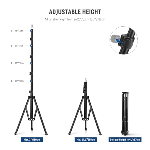 NEEWER 71" Portable Metal Camera Tripod Stand, Reverse Folding Light Tripod with LED Light Ring, Reflector, Flip Locks for Live Streaming, Vlog, Video Recording, ST180R - size: 180cm