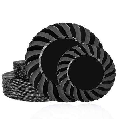 U-QE 60 Pcs Black Plastic Plates for Party – Black Plastic Disposable Heavy Duty – Include 30 10.25" Dinner & 30 7.25" Dessert Plate - Perfect for Parties, Weddings - color: Black