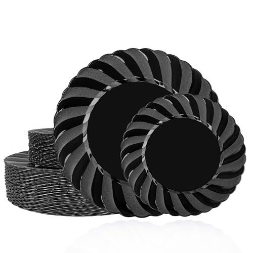 U-QE 60 Pcs Black Plastic Plates for Party – Black Plastic Disposable Heavy Duty – Include 30 10.25" Dinner & 30 7.25" Dessert Plate - Perfect for Parties, Weddings - color: Black