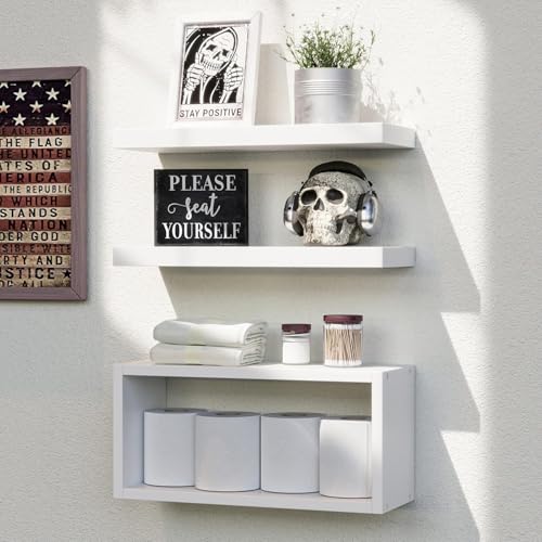 RICHER HOUSE White Floating Shelves Set of 3, Modern Bathroom Shelves Wall Mounted Shelves for Wall Decor, Over Toilet White Wall Shelves for Bathroom Bedroom, Living Room, Kitchen - color: White, size: 2+1