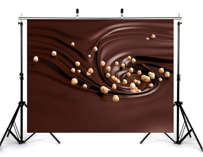 5x3ft Melted Chocolate Backdrop Crunchy Hazelnuts with Smooth Texture Photography Background for Dessert Baking Themed Party Decorations Banner Photo Booth Props - size: 5x3ft