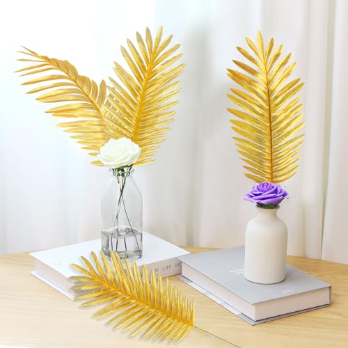 CCINEE 16 PCS Artificial Palm Leaves, Golden Faux Large Palm Fronds Fake Tropical Plant Simulation Safari Leaves with Stems for Home Hawaiian Luau Party Jungle Beach Theme Party Decoration - color: Gold/16pcs