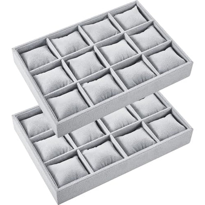 Henoyso 2 Pieces 12 Grid Velvet Watch Tray Jewelry Organizer Stackable Watch Bracelet Bangle Display Holder Adjustable Pillow (Gray) - color: Gray, size: 12 Grid