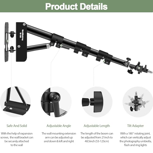 Wellmaking Wall Mount Triangle Boom Arm 39.37inch/100cm, Ring Light Mount Support 180°Flexible Rotation Comes with Tilt Swivel Mount for Studio Video Light, Monolight, Photography, Softbox, Reflector - size: 39.37inch/100cm
