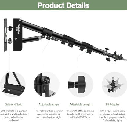 Wellmaking Wall Mount Triangle Boom Arm 39.37inch/100cm, Ring Light Mount Support 180°Flexible Rotation Comes with Tilt Swivel Mount for Studio Video Light, Monolight, Photography, Softbox, Reflector - size: 39.37inch/100cm