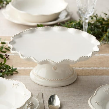 Heritage Scroll Footed Cake Plate – Elegant 11.5" x 4.75" Ivory Stoneware Pedestal Stand with Sculpted Rim – Display Cakes, Cupcakes, Pies & Pastries in Timeless Style