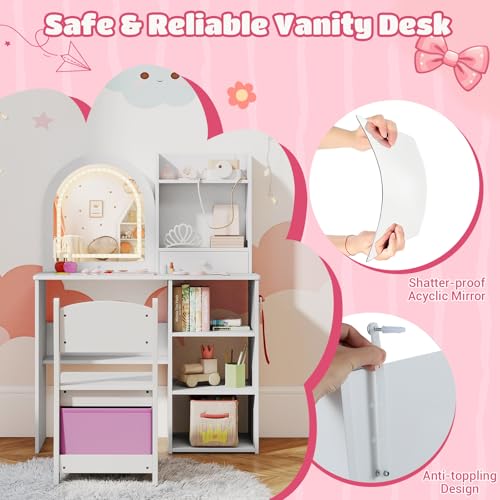 Costzon Kids Vanity with Lights, Girls Vanity Set with Mirror, Storage Drawer, Hooks & Shelves, Toddler Makeup Vanity Desk Dressing Table, Wooden Kids Vanity Table and Chair Set (White) - style: White with Open Shelves