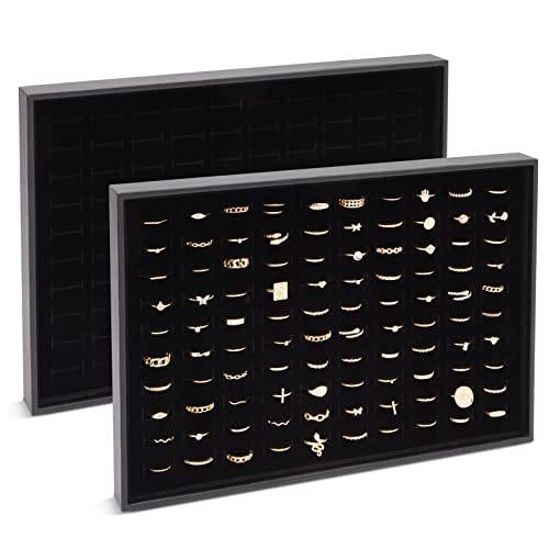 Juvale Ring Display Tray - Velvet Protection & Jewelry Display - Removable Pad & Earring Storage - Stackable Jewelry Trays & Glasses Holder for Nightstand - Pack of 2, 13.8 x 9.5 x 1.3 in, Black