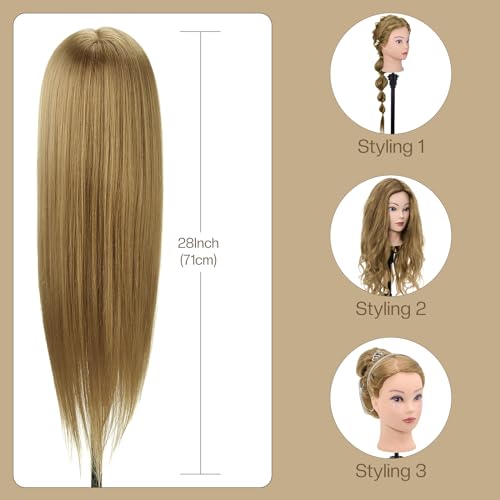 28 Inch Mannequin Head 80% Human Hair with Tripod Stand,Mannequin Cosmetology Manikin Practice Doll Head with stand,Braiding Hairdressing Head for Hair Styling with Table Clamp + DIY Hair Styling Set - color: Blonde#27B