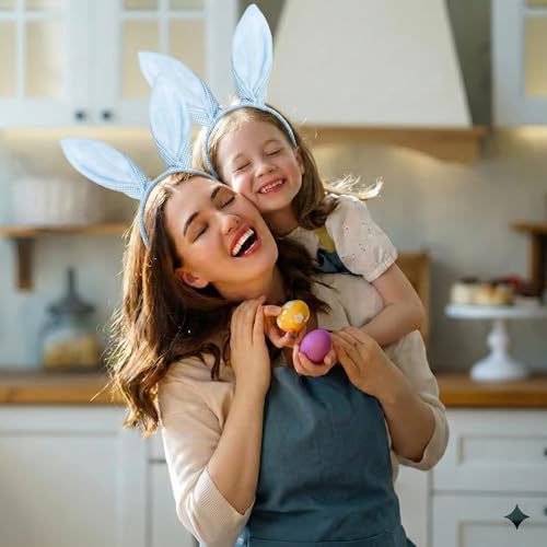 Cute Blue Plaid Easter Bunny Ears Headband for Women, Adjustable Floral Hairband for Easter Party & Spring Photo Prop