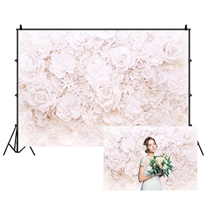AOFOTO 10x6.5ft White Flowers Wall Backdrop Elegant Roses Romantic Wedding Bridal Shower Photography Background Baby Shower Party Valentines Mother's Day Photo Banner Studio Props Wallpaper - size: 10x6.5ft